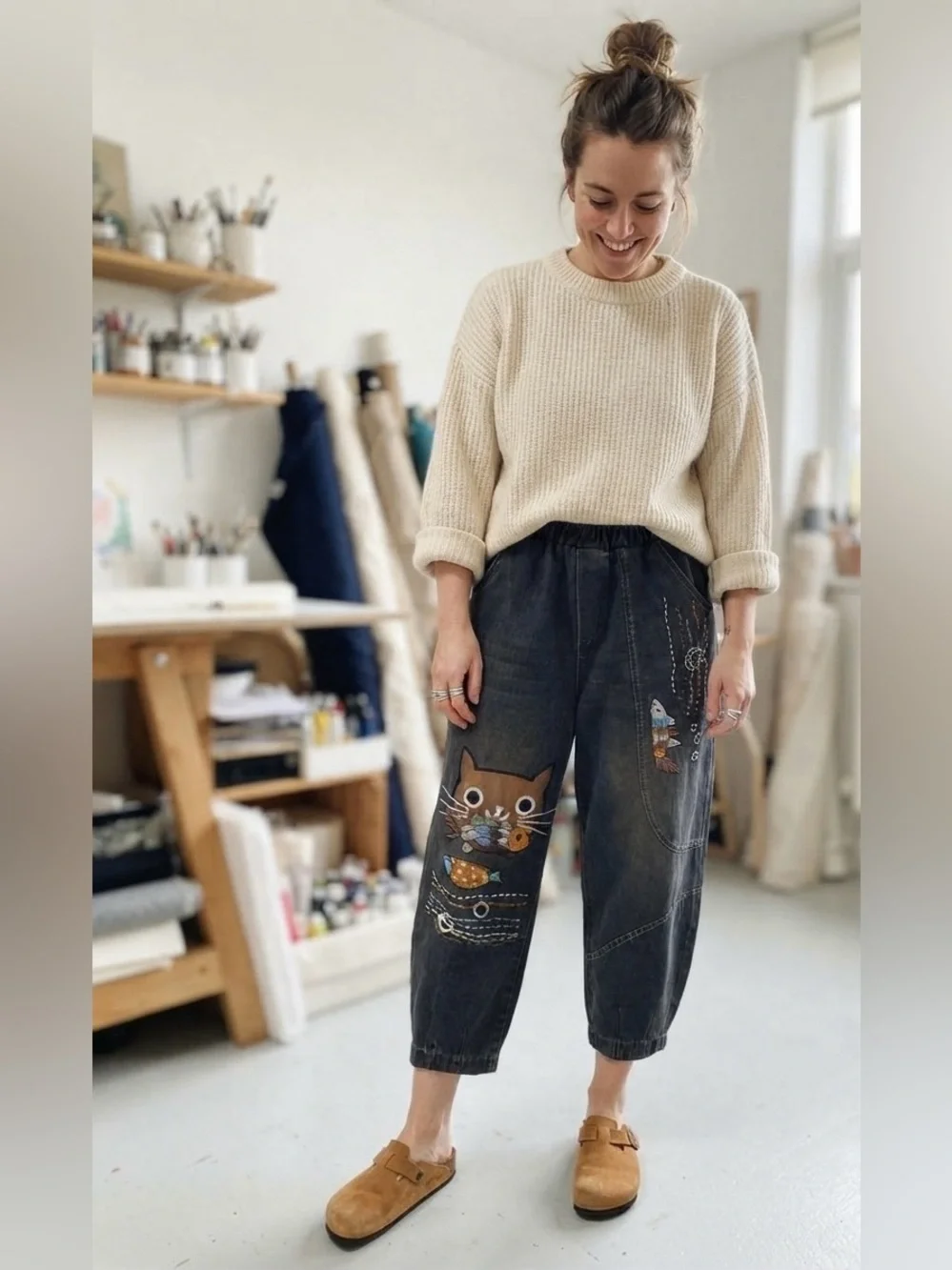 Bohemian Cat Fish Embroidery Linen Jogger Pants Antique Brown Small S